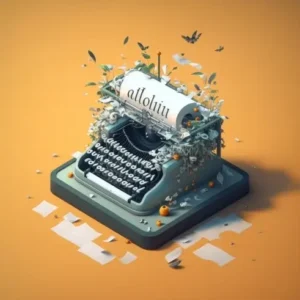 Creative typewriter with leaves and papers, symbolizing AI-driven content generation and creativity.