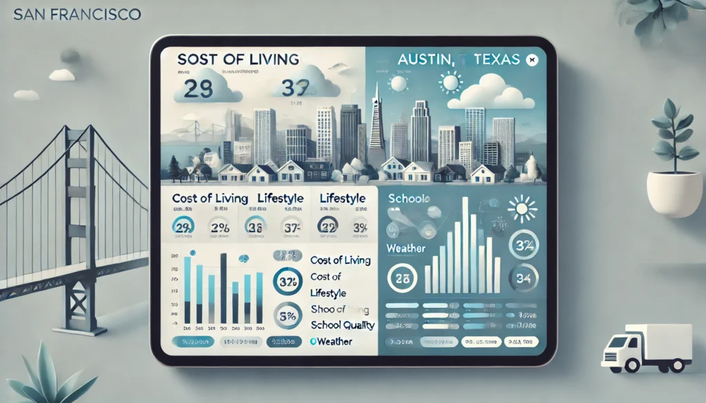 City Comparison Tool interface comparing San Francisco and Austin on cost, lifestyle, and weather.