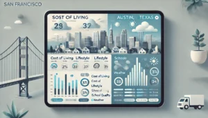 City Comparison Tool interface comparing San Francisco and Austin on cost, lifestyle, and weather.