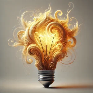 Light bulb with swirling golden flames inside, symbolizing creativity and energy on a neutral background.
