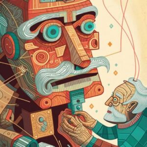 An illustration of a man working on a large robot, symbolizing AI technology and human interaction.