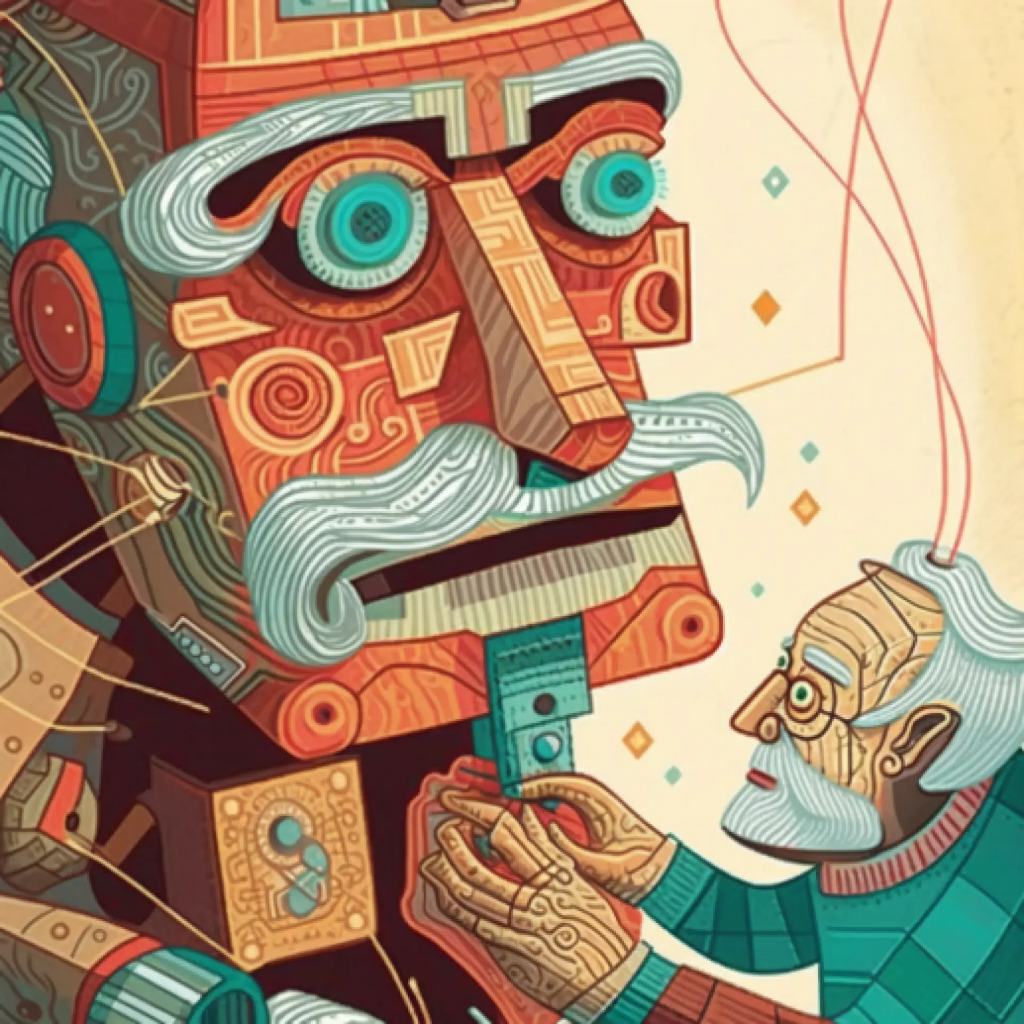 An illustration of a man working on a large robot, symbolizing AI technology and human interaction.