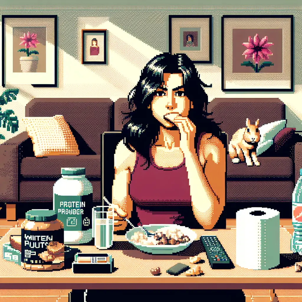 Pixel art of a woman eating breakfast at home with protein powder and a dog on the couch.