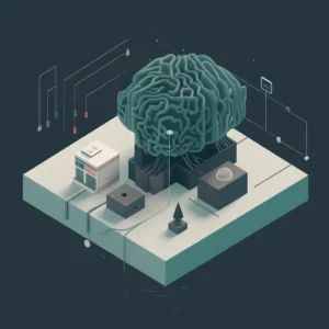 Abstract 3D illustration of a brain-like structure connected to technology, symbolizing AI.