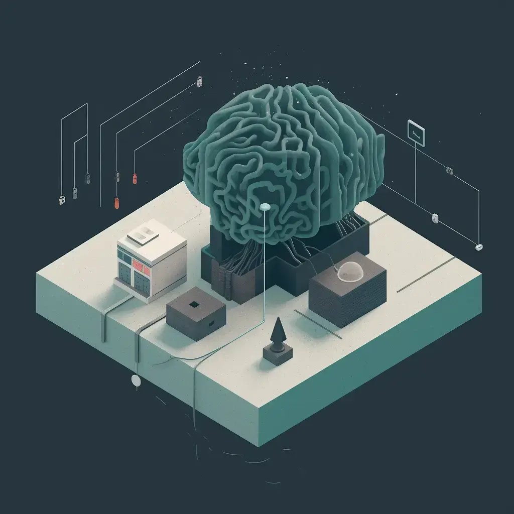 Abstract 3D illustration of a brain-like structure connected to technology, symbolizing AI.