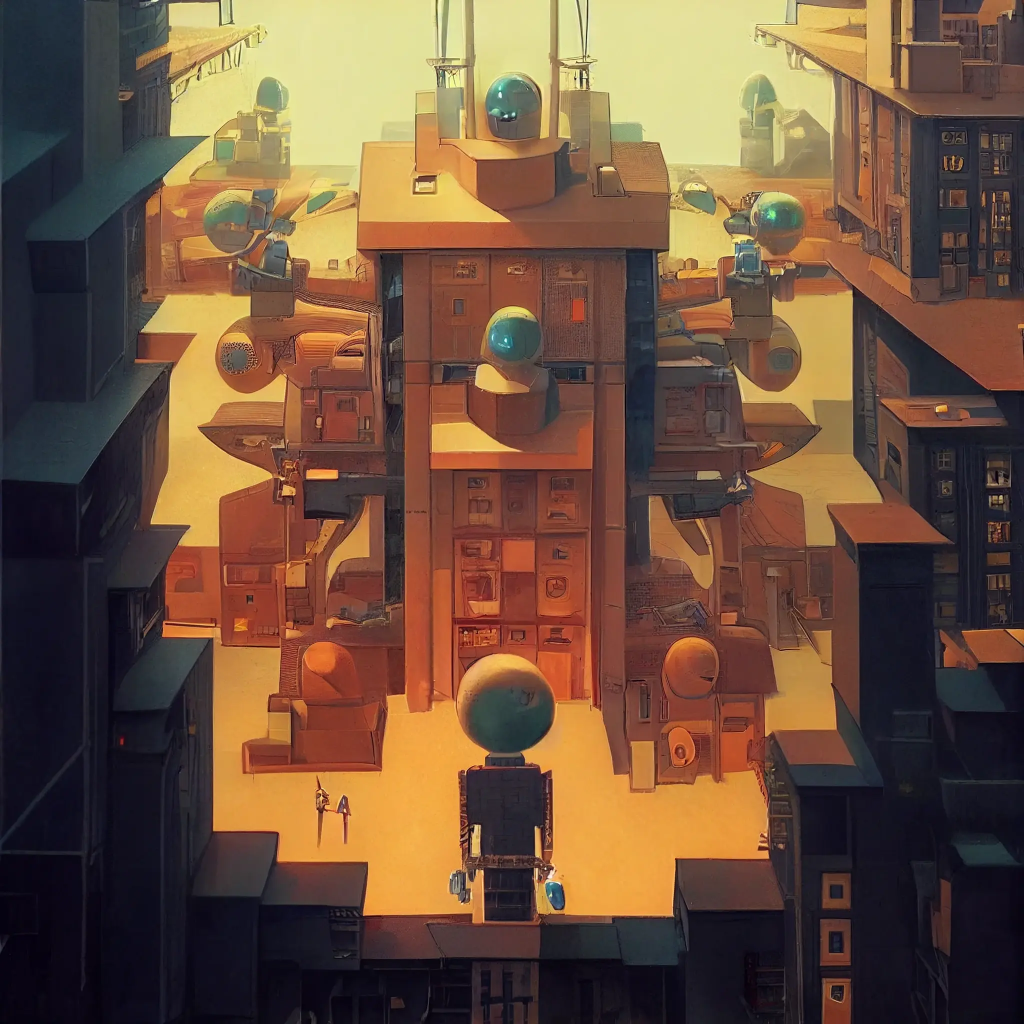 Futuristic cityscape with robotic structures and glowing spheres, symbolizing advanced technology