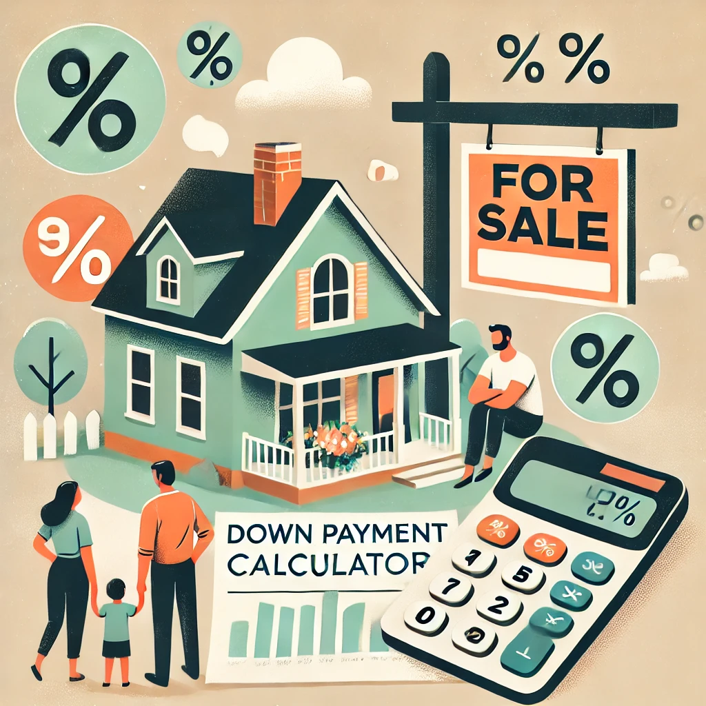 Family viewing a house for sale with dollar and percentage symbols promoting a down payment calculator.