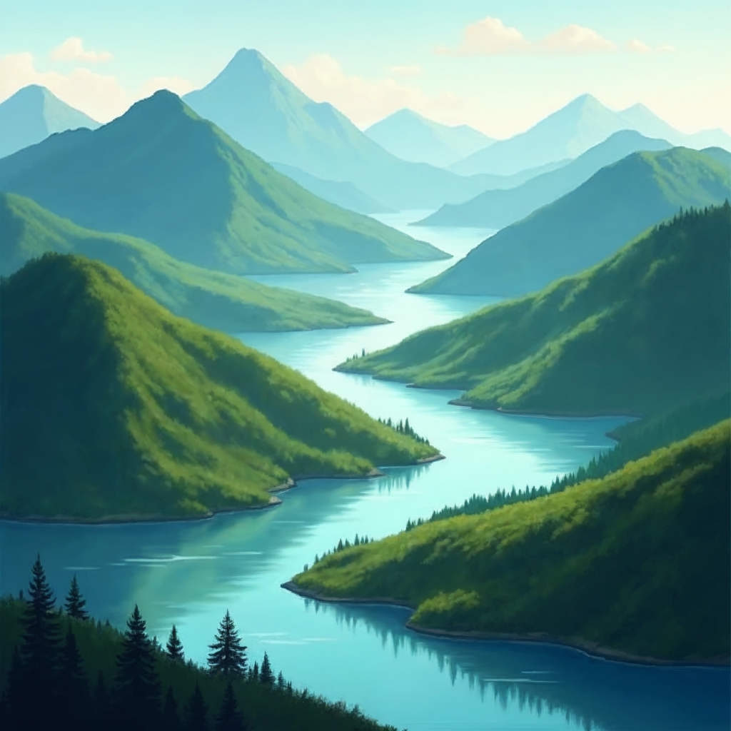 Serene river winding through lush green mountains under a clear sky in a scenic valley view.