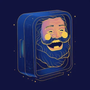Illustration of a bearded man inside a futuristic device.