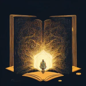 Surreal image of a person entering a glowing, illuminated book symbolizing knowledge and discovery.