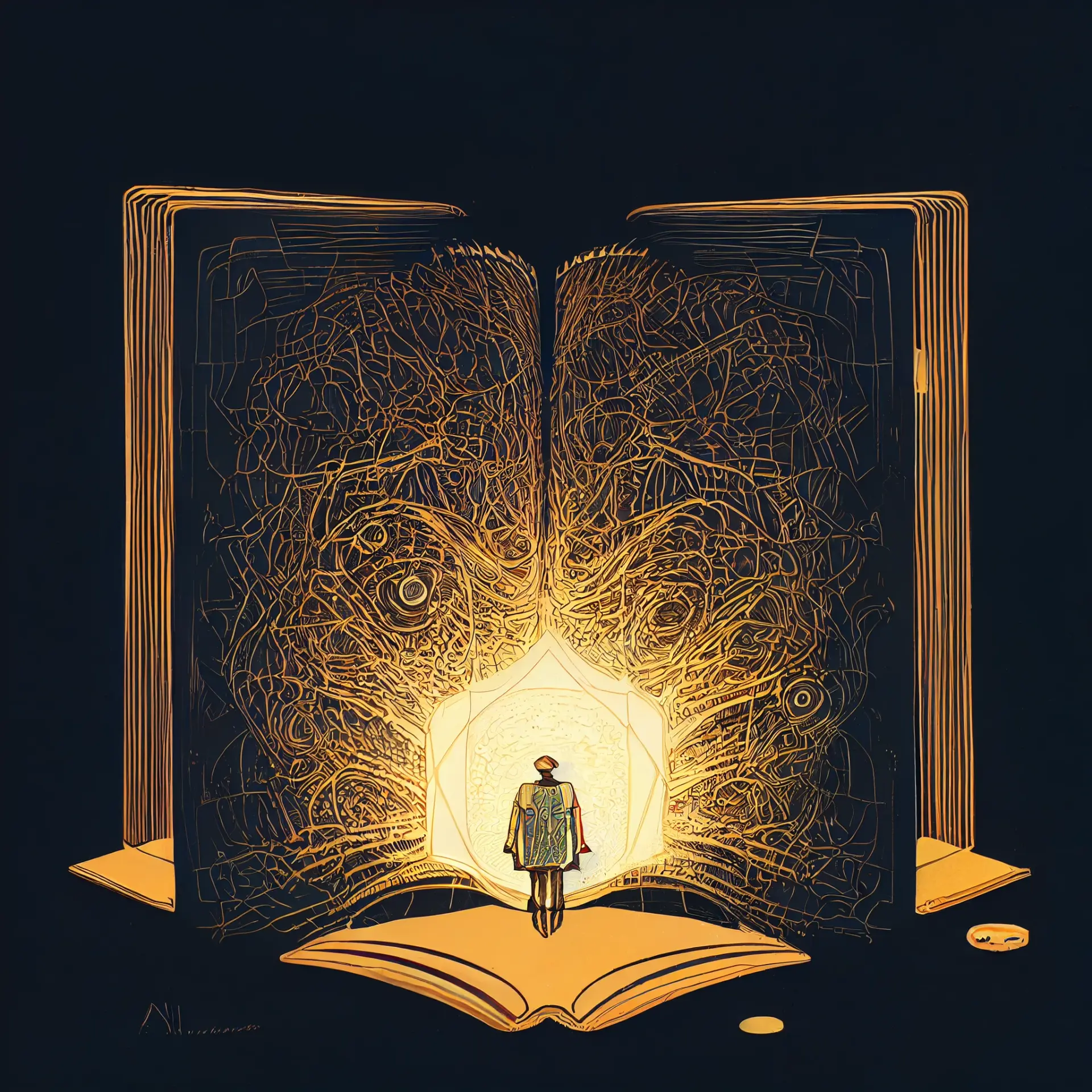 Surreal image of a person entering a glowing, illuminated book symbolizing knowledge and discovery.