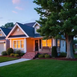 Charming suburban home with lush landscaping and a welcoming front porch at sunset.