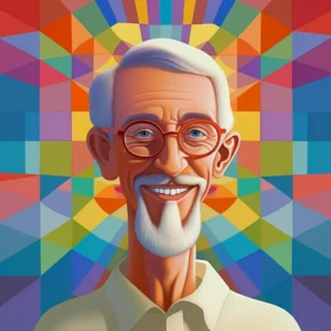 Smiling elderly man with white beard, colorful geometric background, vibrant and joyful mood