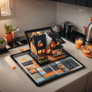 Digital real estate marketing concept showing a 3D home model on a tablet with interactive tools.
