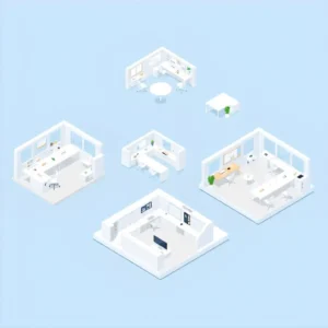 Isometric illustration of a data-driven AI tool analyzing neighborhood and market trends for real estate.