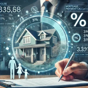 Conceptual image of a mortgage payment calculator with a home and financial elements.