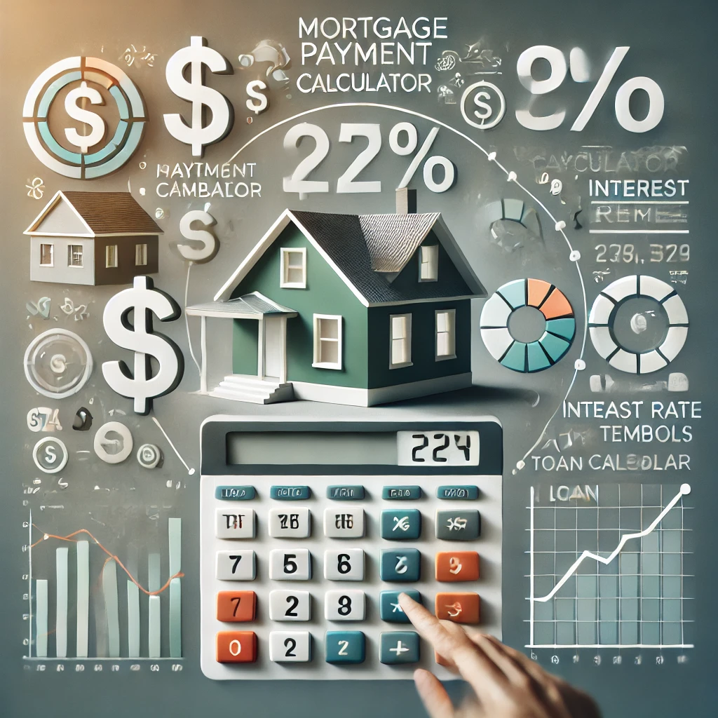onceptual image of mortgage payment calculator with house, dollar signs, and financial symbols.