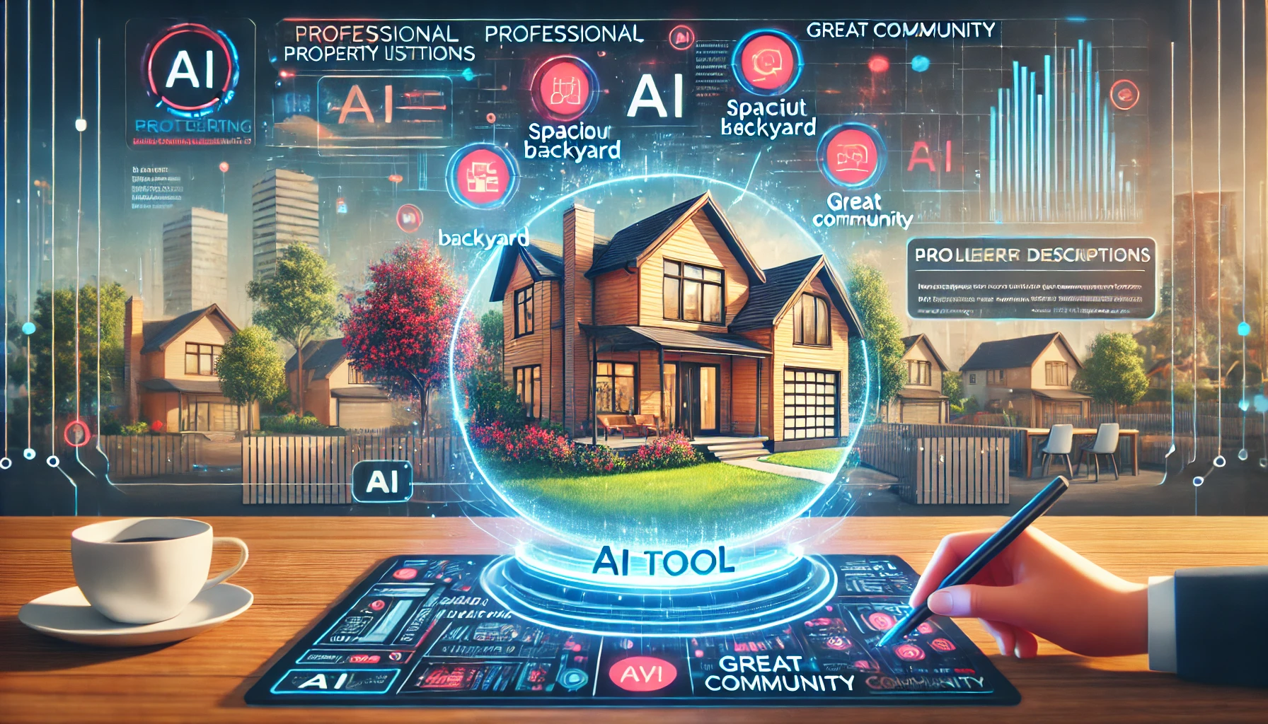 AI tool crafting engaging property descriptions highlighting key features, used by a real estate agent.