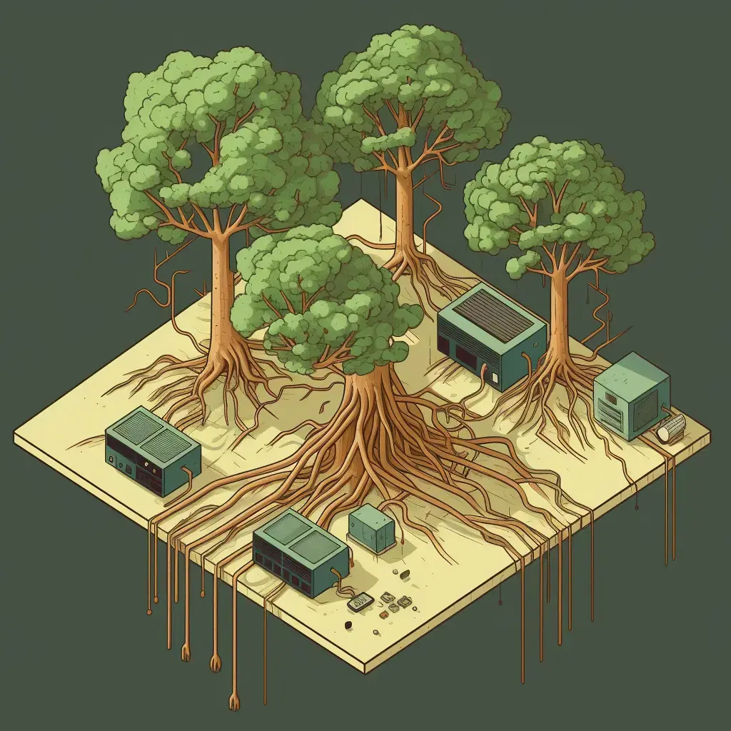 Illustration of trees connected to computers, symbolizing technology rooted in nature and sustainability.